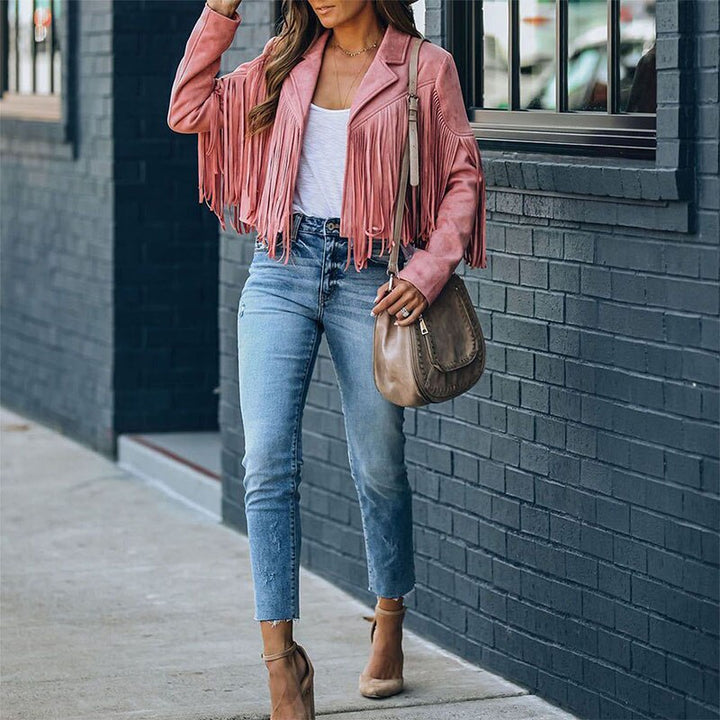 Women’s Faux Suede Western Fringe Jacket Modern Cut Top