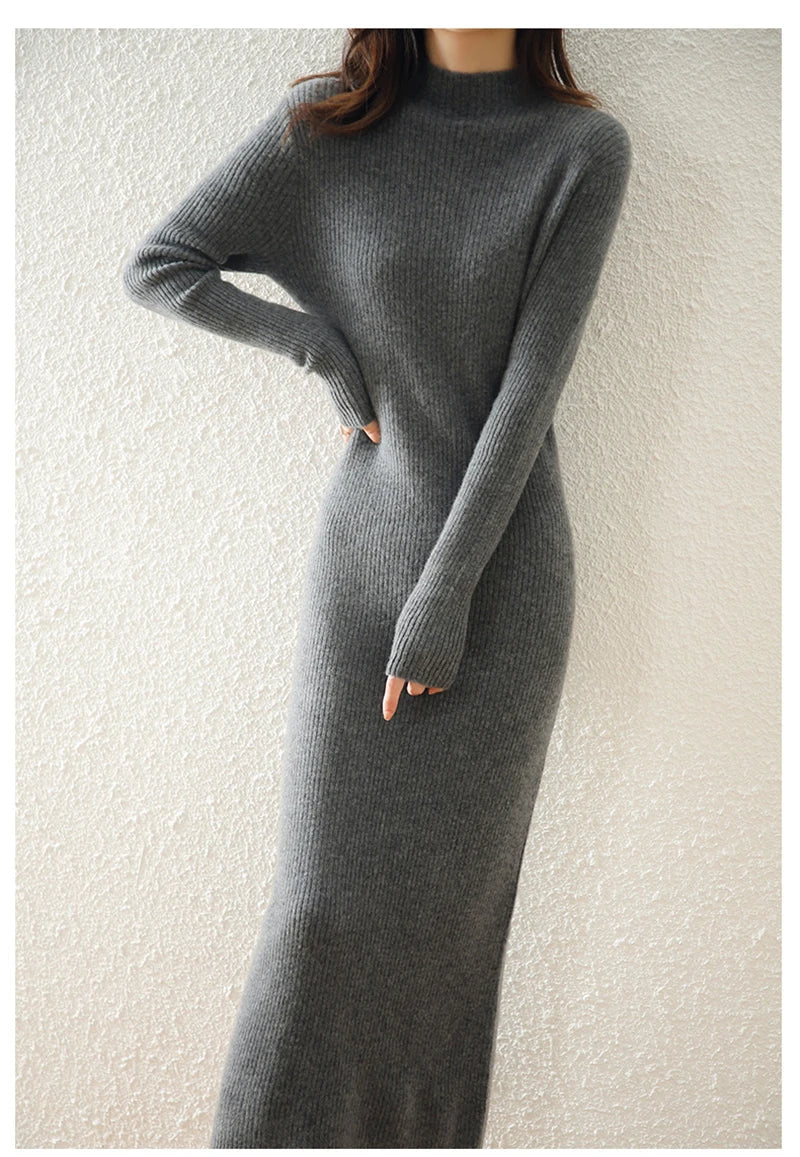 Women's Wool Knit Ribbed Long Sleeve Midi Dress 
