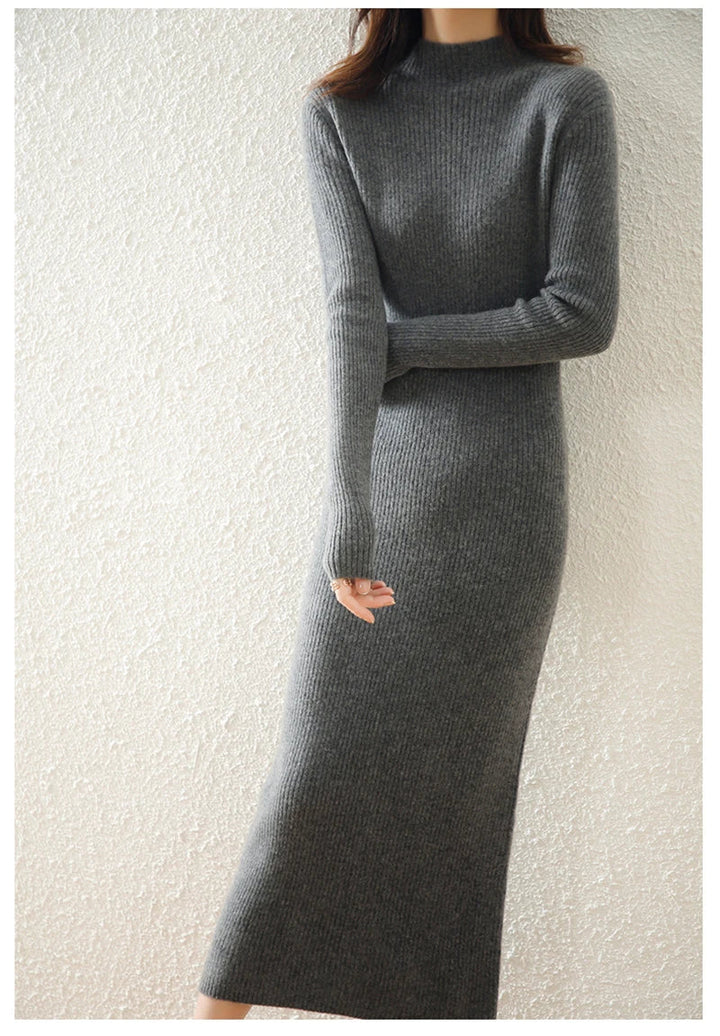 Women's Wool Knit Ribbed Long Sleeve Midi Dress 