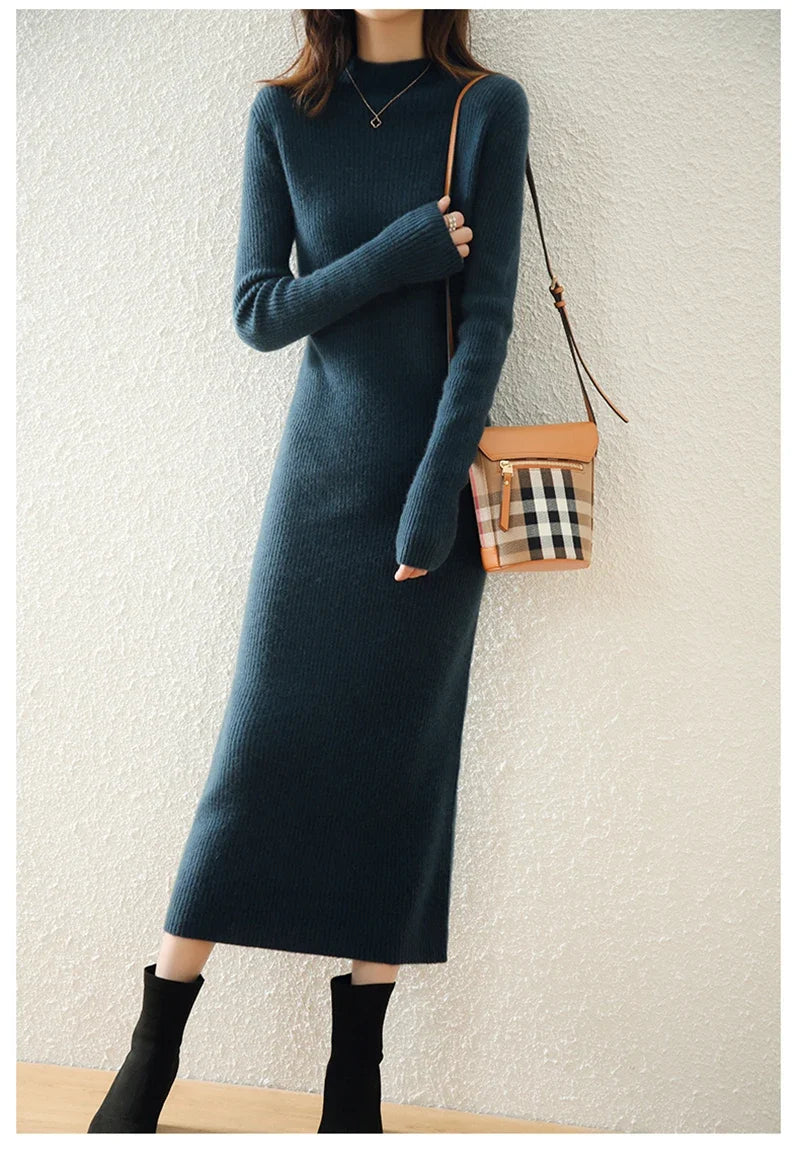 Women's Wool Knit Ribbed Long Sleeve Midi Dress 