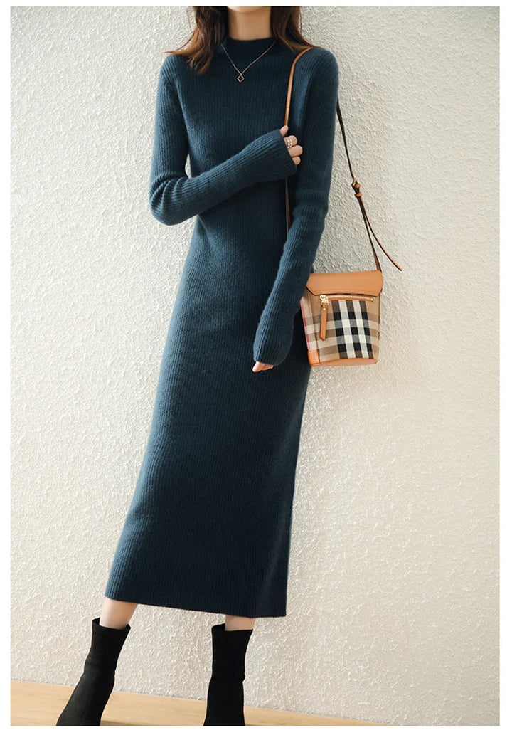 Women's Wool Knit Ribbed Long Sleeve Midi Dress 
