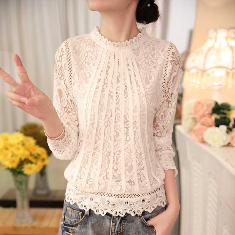 Women's Lace Blouse Long Sleeve Mock Neck Top