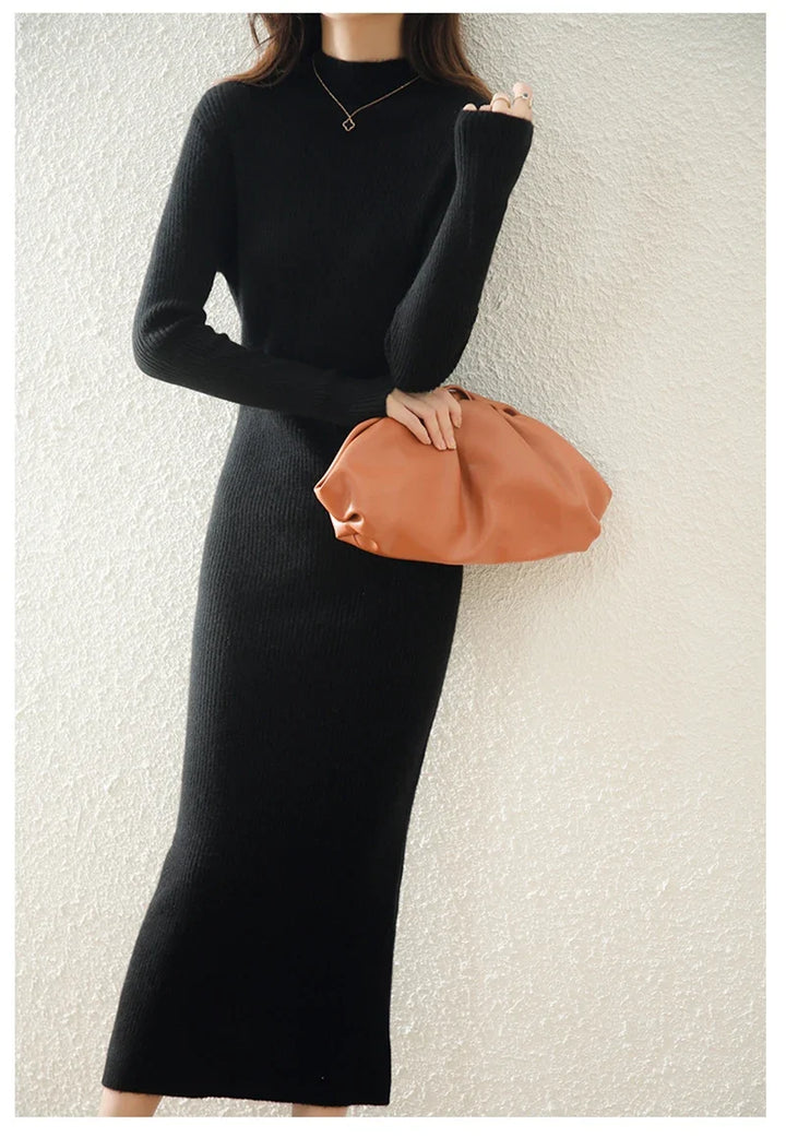 Women's Wool Knit Ribbed Long Sleeve Midi Dress 