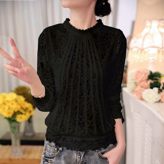 Women's Lace Blouse Long Sleeve Mock Neck Top