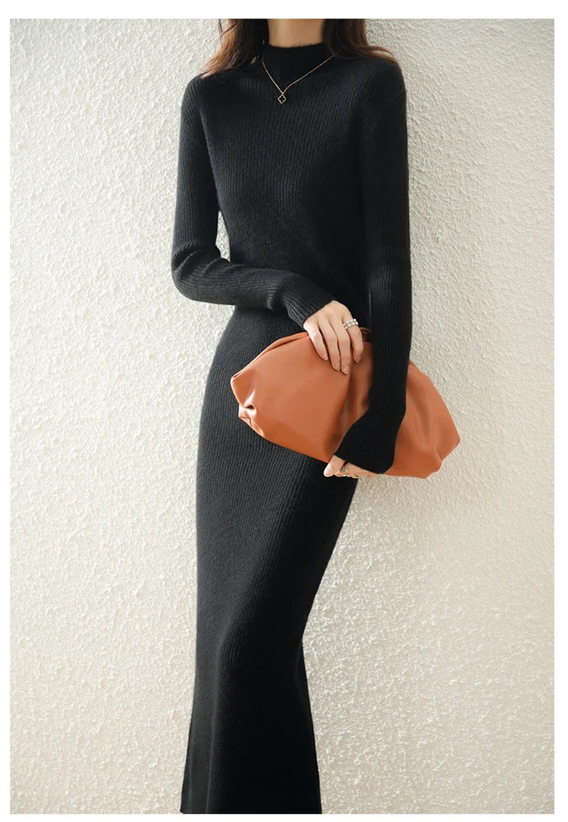 Women's Wool Knit Ribbed Long Sleeve Midi Dress 