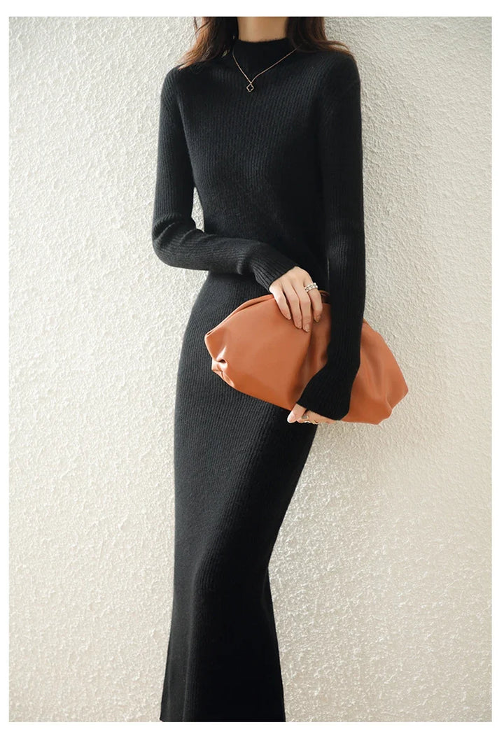 Women's Wool Knit Ribbed Long Sleeve Midi Dress 