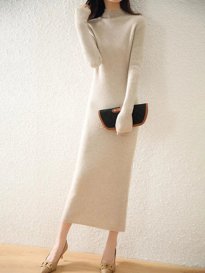 Women's Wool Knit Ribbed Long Sleeve Midi Dress 