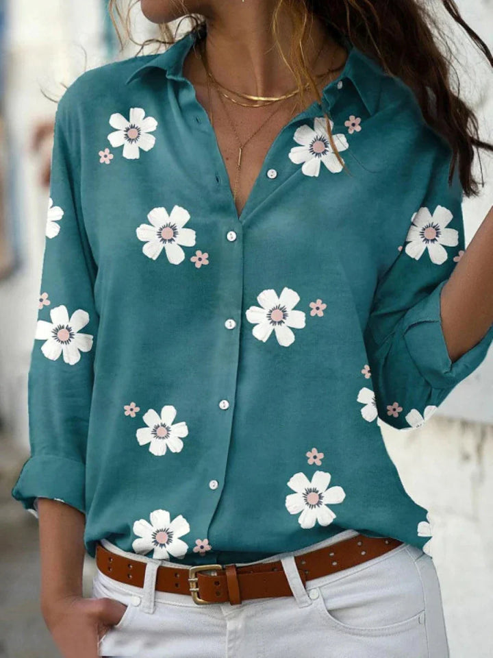Linen Floral Print Women's Button Down Blouse