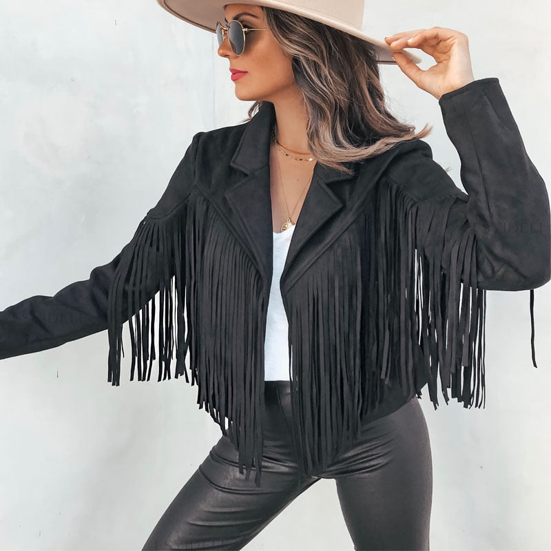 Women’s Faux Suede Western Fringe Jacket Modern Cut Top