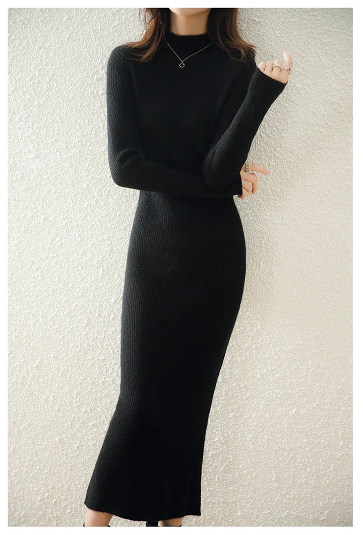 Women's Wool Knit Ribbed Long Sleeve Midi Dress 