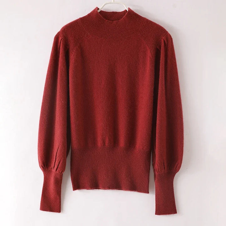 Women's Merino Wool Mock Neck Long Sleeve Knit Pullover Jumper