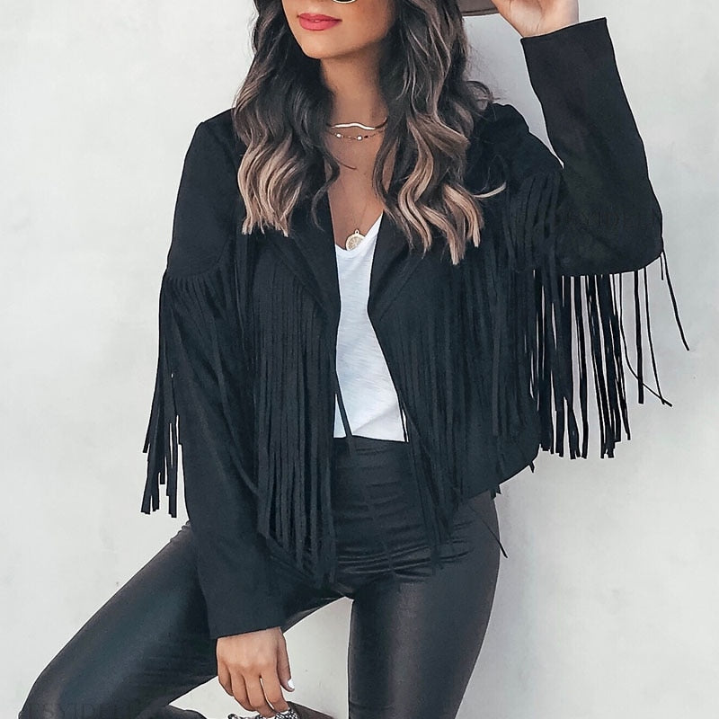Women’s Faux Suede Western Fringe Jacket Modern Cut Top