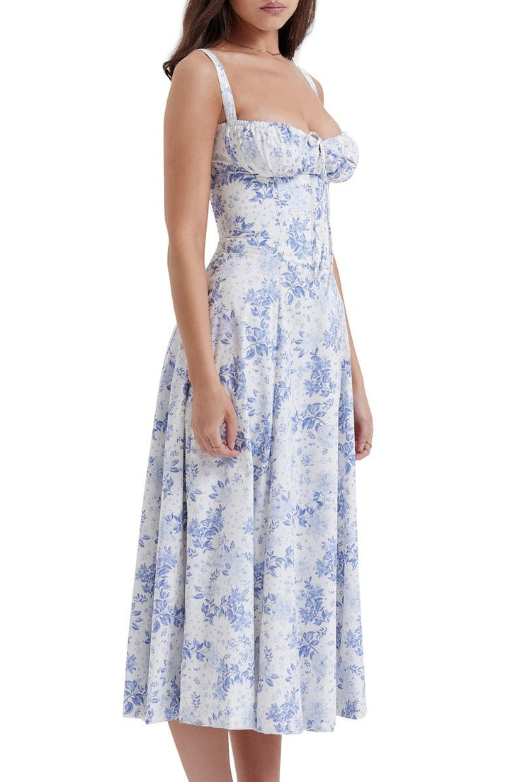 Women's Floral Linen Midi Dress Cocktail Party Dress
