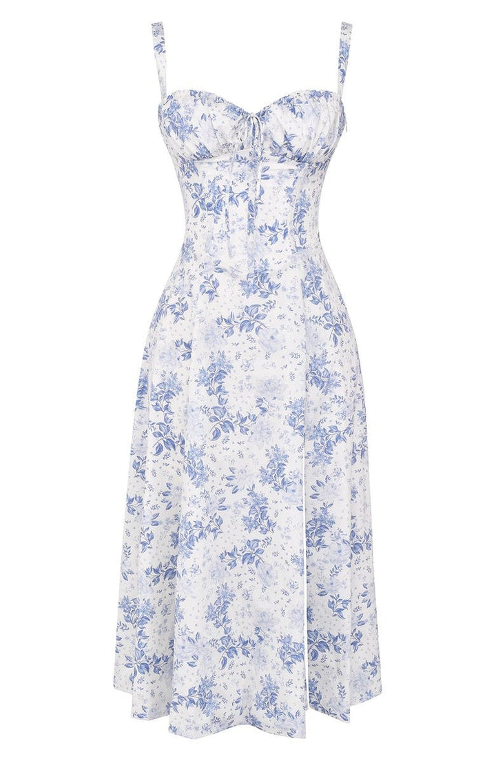 Women's Floral Linen Midi Dress Cocktail Party Dress