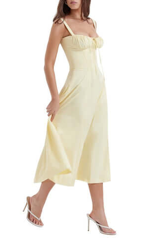 Women's Floral Linen Midi Dress Cocktail Party Dress