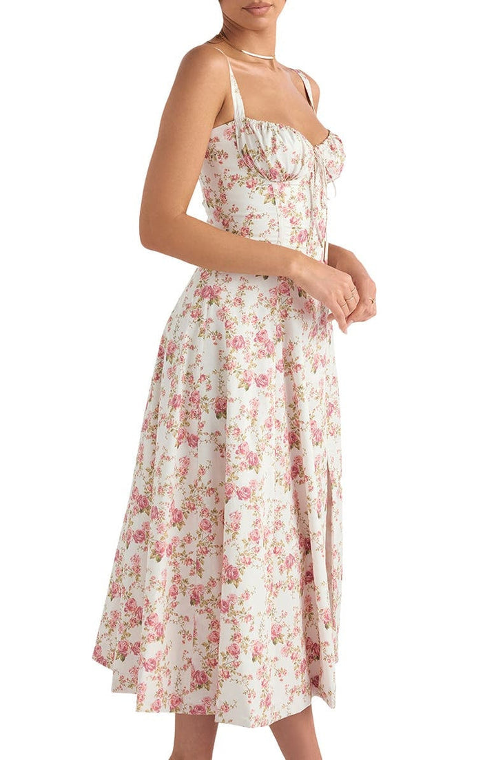 Women's Floral Linen Midi Dress Cocktail Party Dress