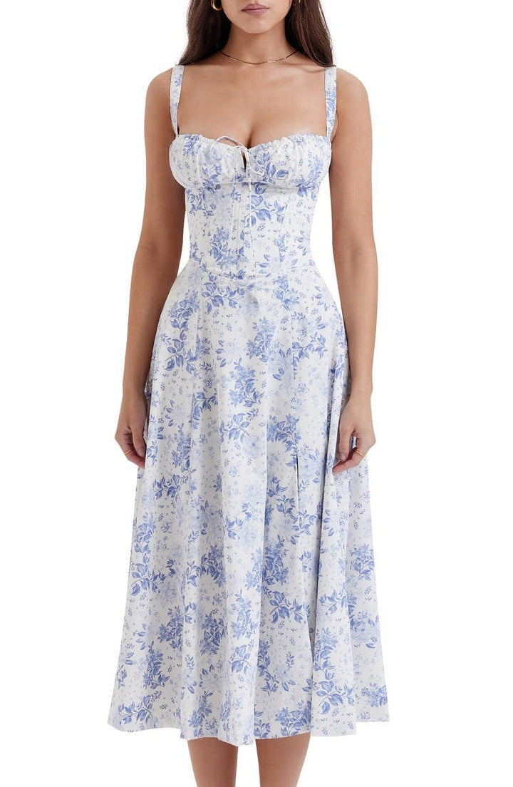 Women's Floral Linen Midi Dress Cocktail Party Dress