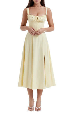 Women's Floral Linen Midi Dress Cocktail Party Dress