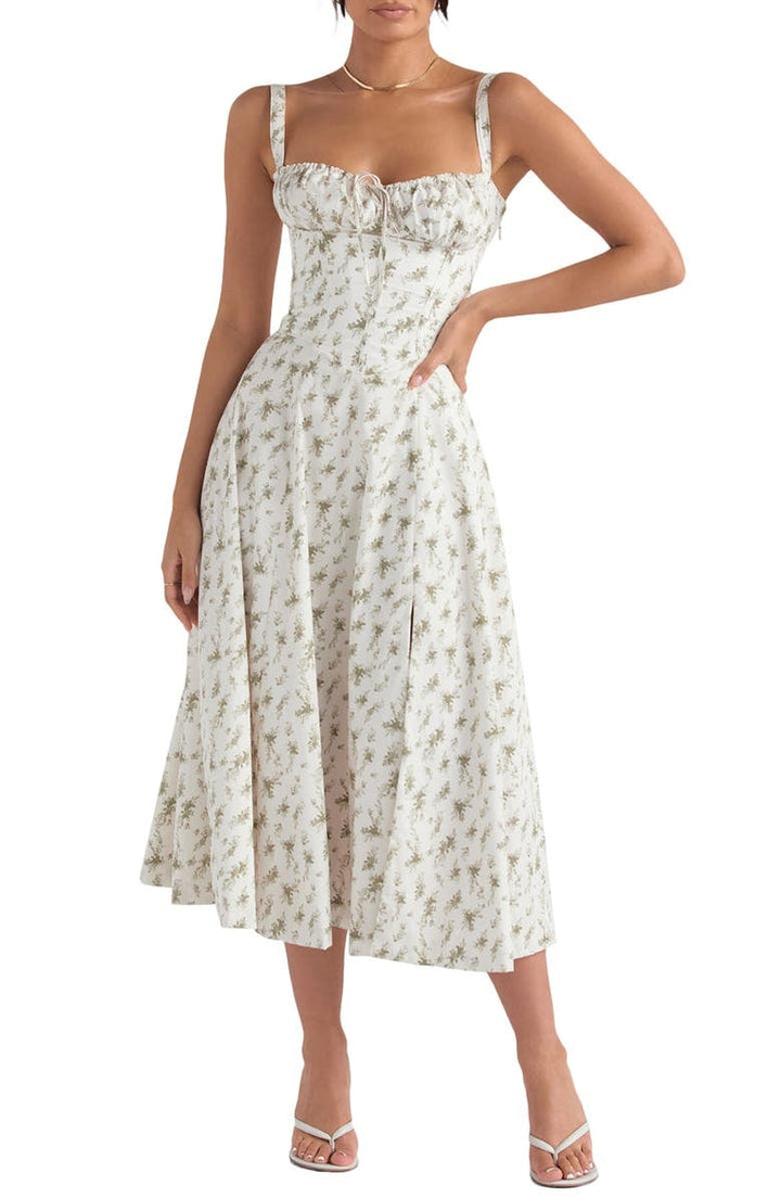 Women's Floral Linen Midi Dress Cocktail Party Dress