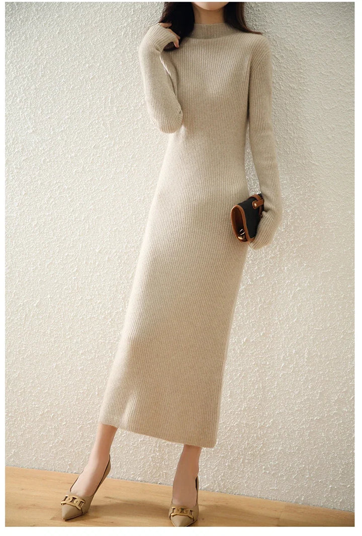Women's Wool Knit Ribbed Long Sleeve Midi Dress 