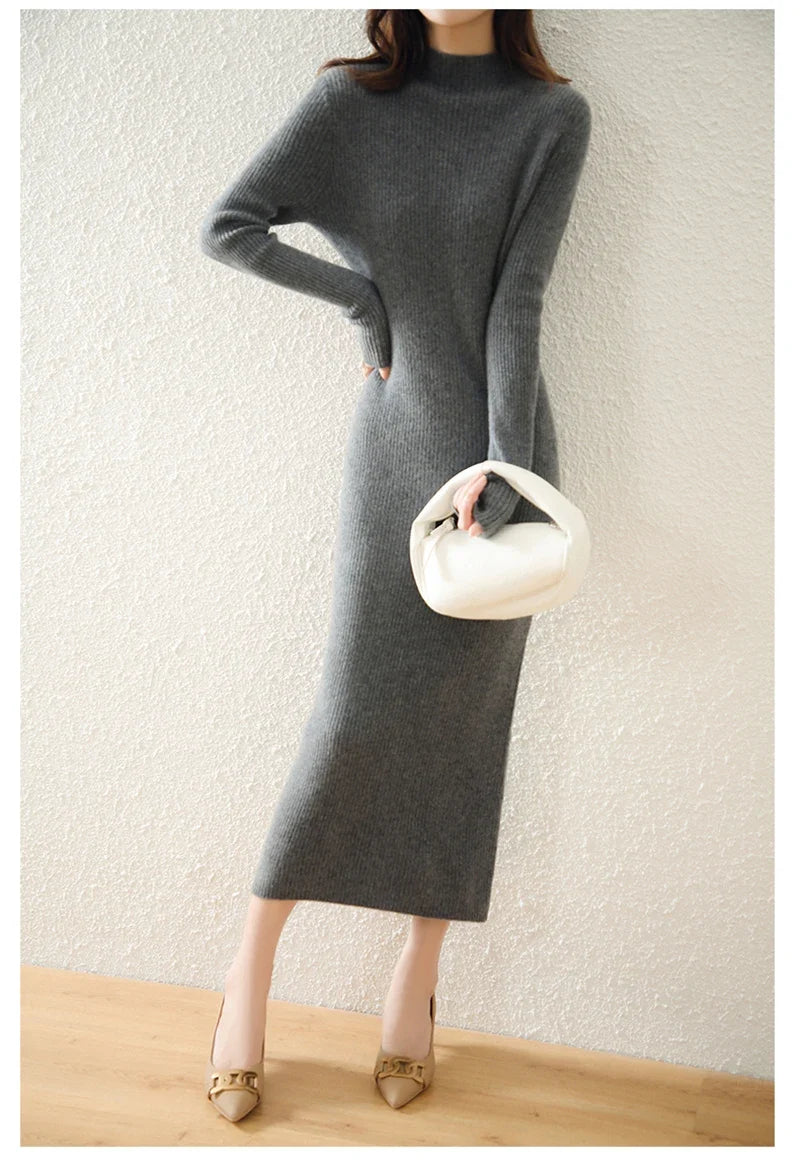 Women's Wool Knit Ribbed Long Sleeve Midi Dress 