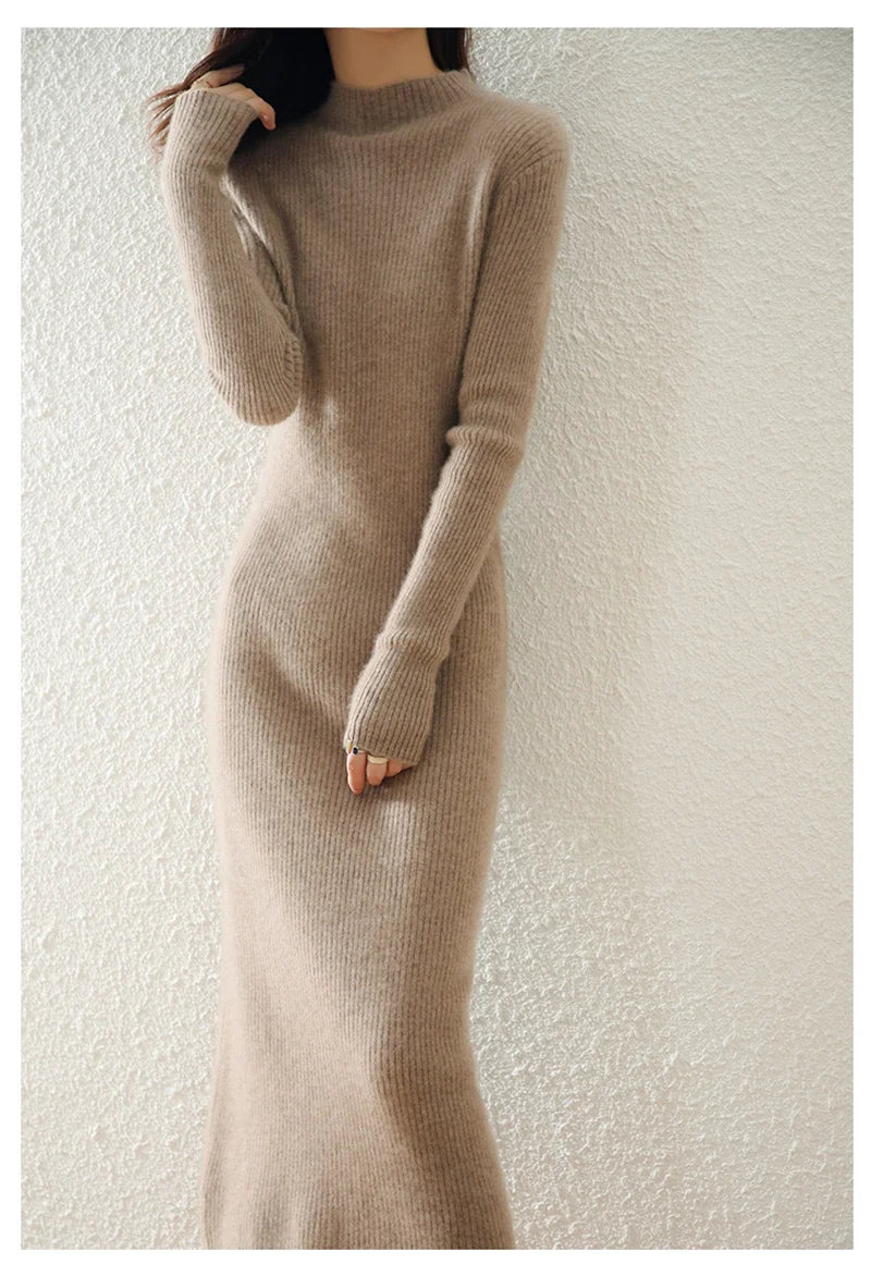 Women's Wool Knit Ribbed Long Sleeve Midi Dress 