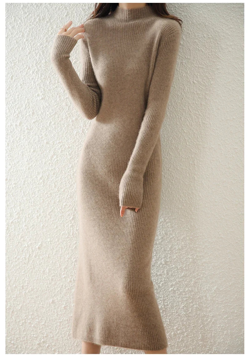 Women's Wool Knit Ribbed Long Sleeve Midi Dress 