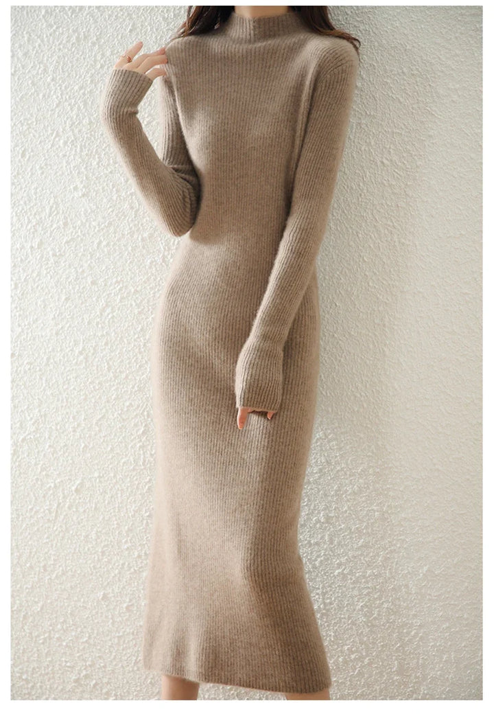 Women's Wool Knit Ribbed Long Sleeve Midi Dress 