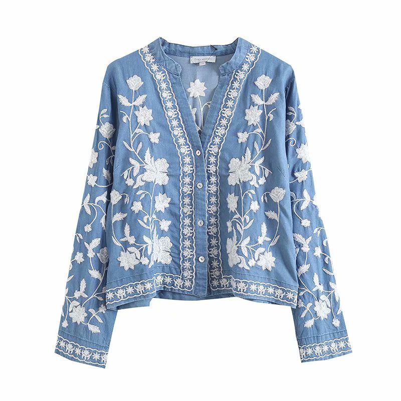 Veste cardigan pour femme en mélange de denim, ornée de broderies florales