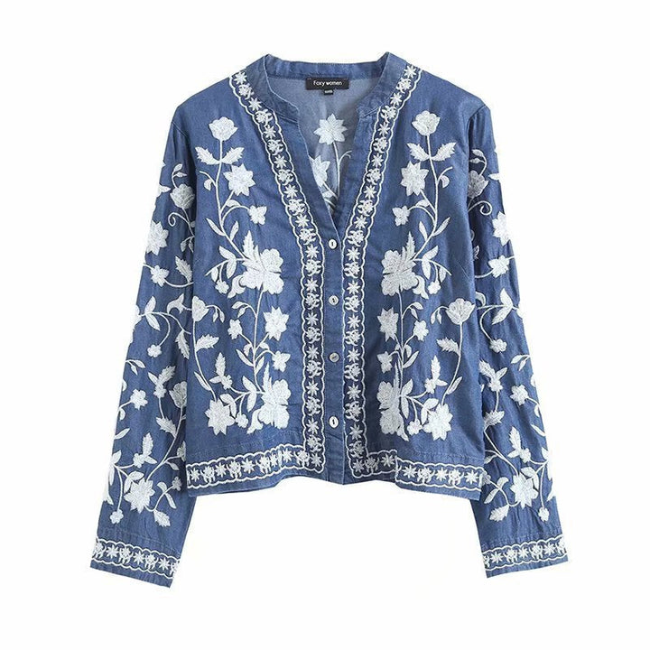 Veste cardigan pour femme en mélange de denim, ornée de broderies florales