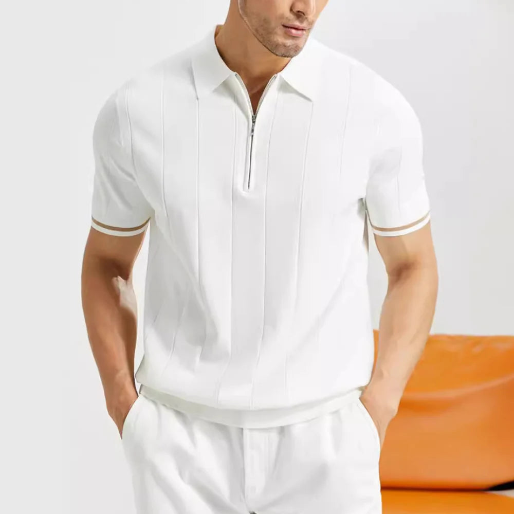Pánské pletené polo tričko na zip s krátkým rukávem, slim fit, přes hlavu