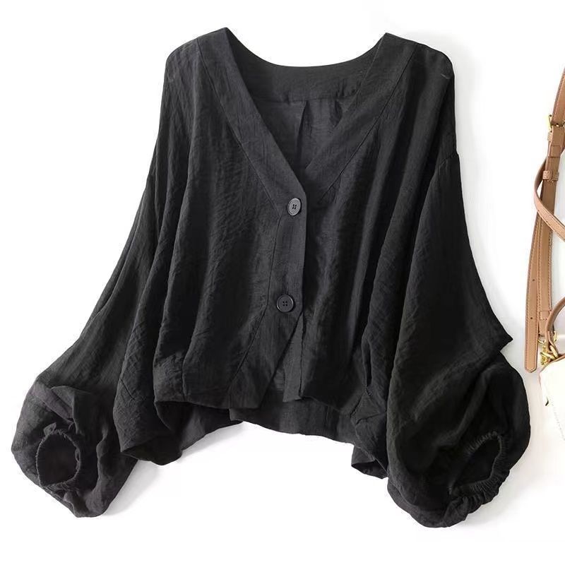 Women's V-Neck Loose Linen Blouse Casual Long Sleeve Shirt