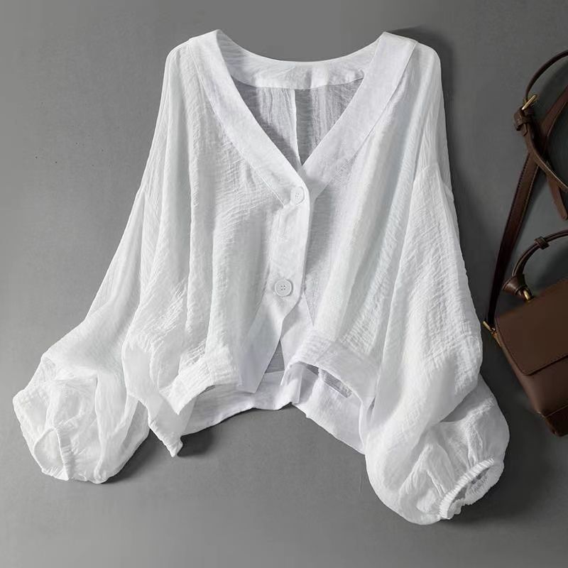 Women's V-Neck Loose Linen Blouse Casual Long Sleeve Shirt