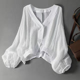 Women's V-Neck Loose Linen Blouse Casual Long Sleeve Shirt