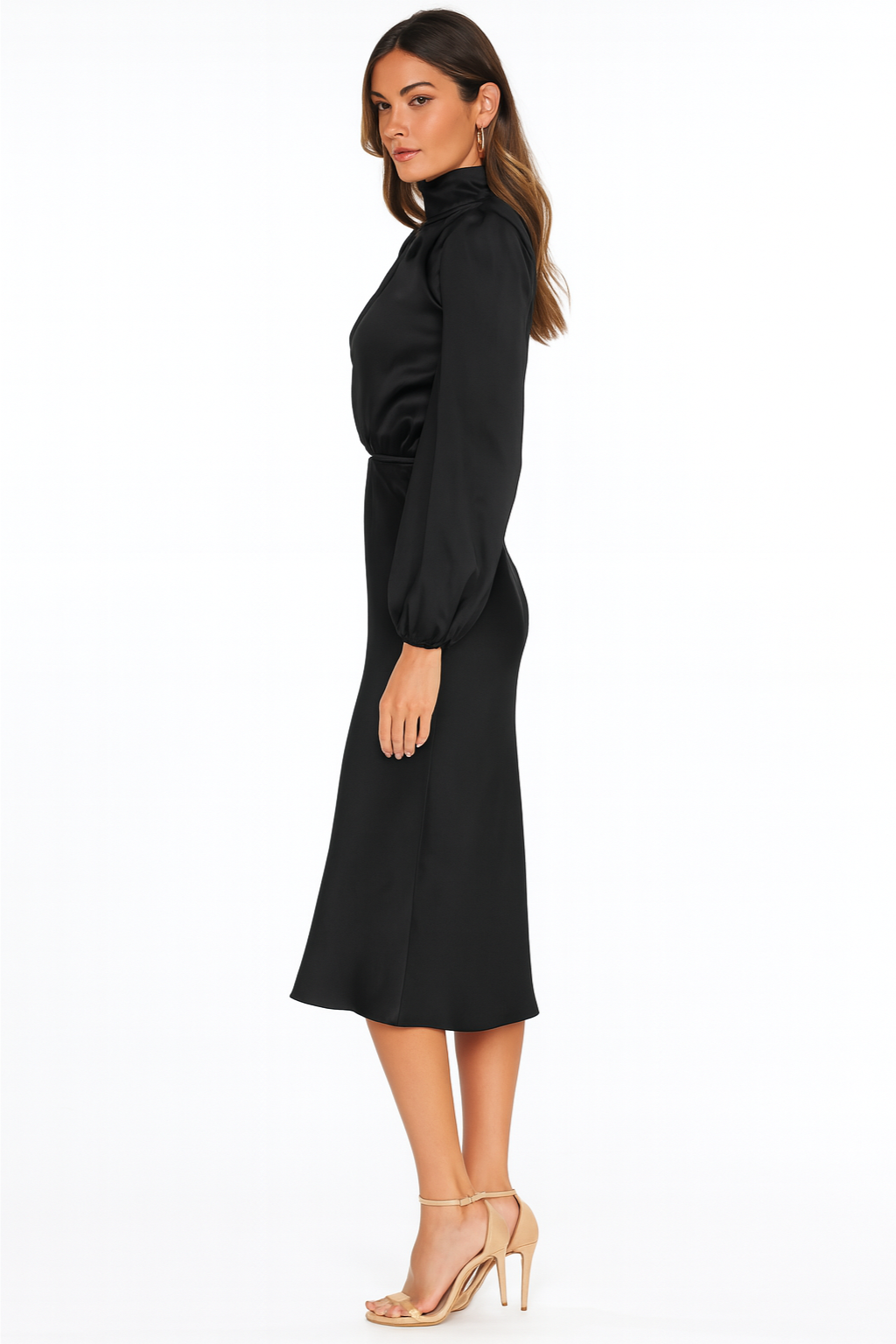 Satin Mock Neck Long Sleeve Midi Dress for Women