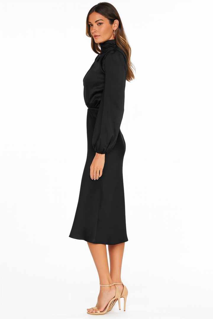 Satin Mock Neck Long Sleeve Midi Dress for Women
