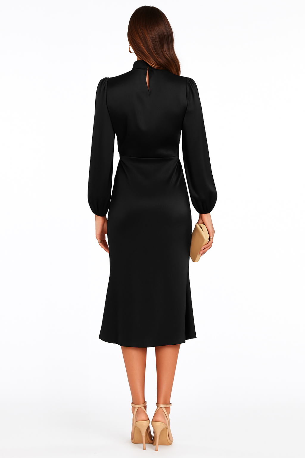 Satin Mock Neck Long Sleeve Midi Dress for Women