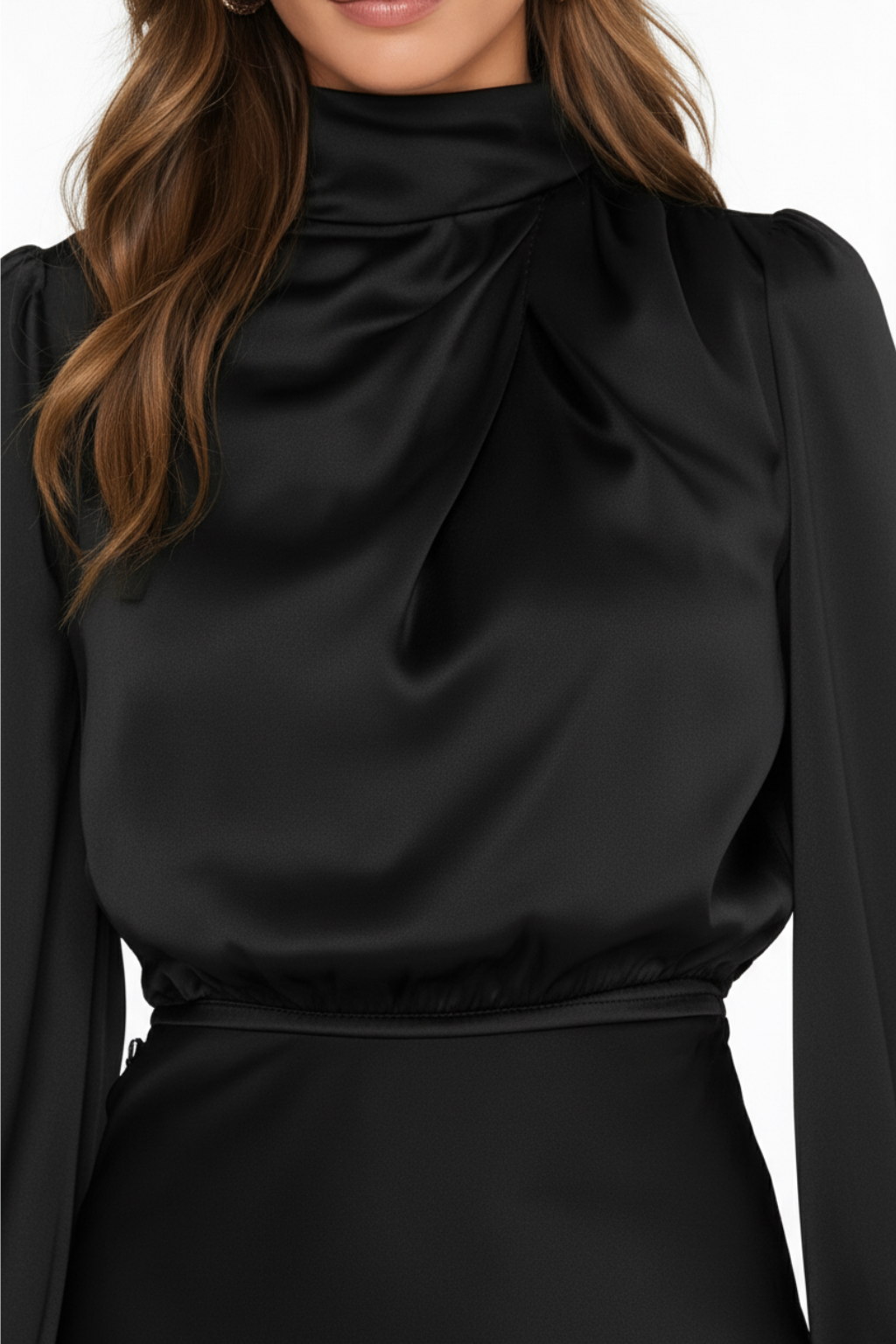 Satin Mock Neck Long Sleeve Midi Dress for Women