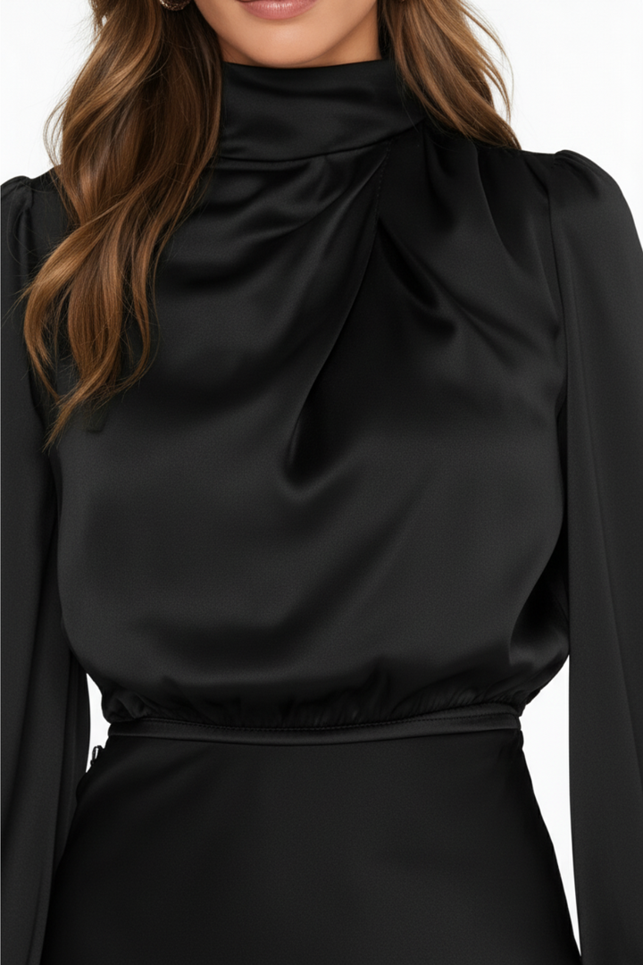 Satin Mock Neck Long Sleeve Midi Dress for Women