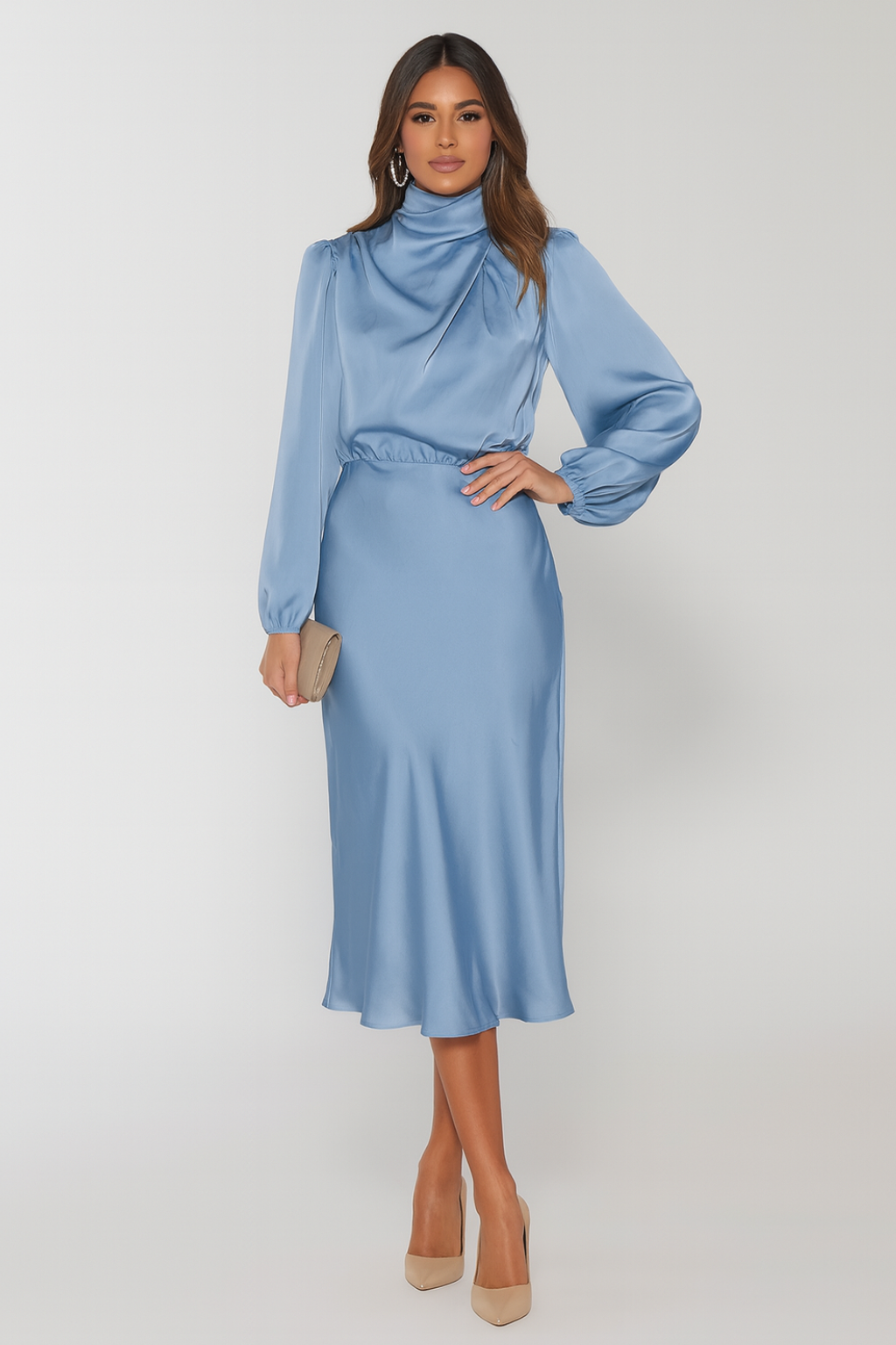 Satin Mock Neck Long Sleeve Midi Dress for Women
