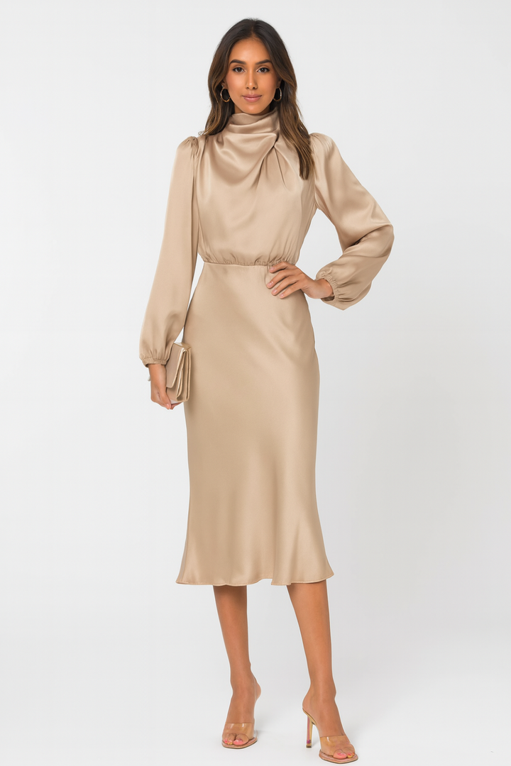 Satin Mock Neck Long Sleeve Midi Dress for Women