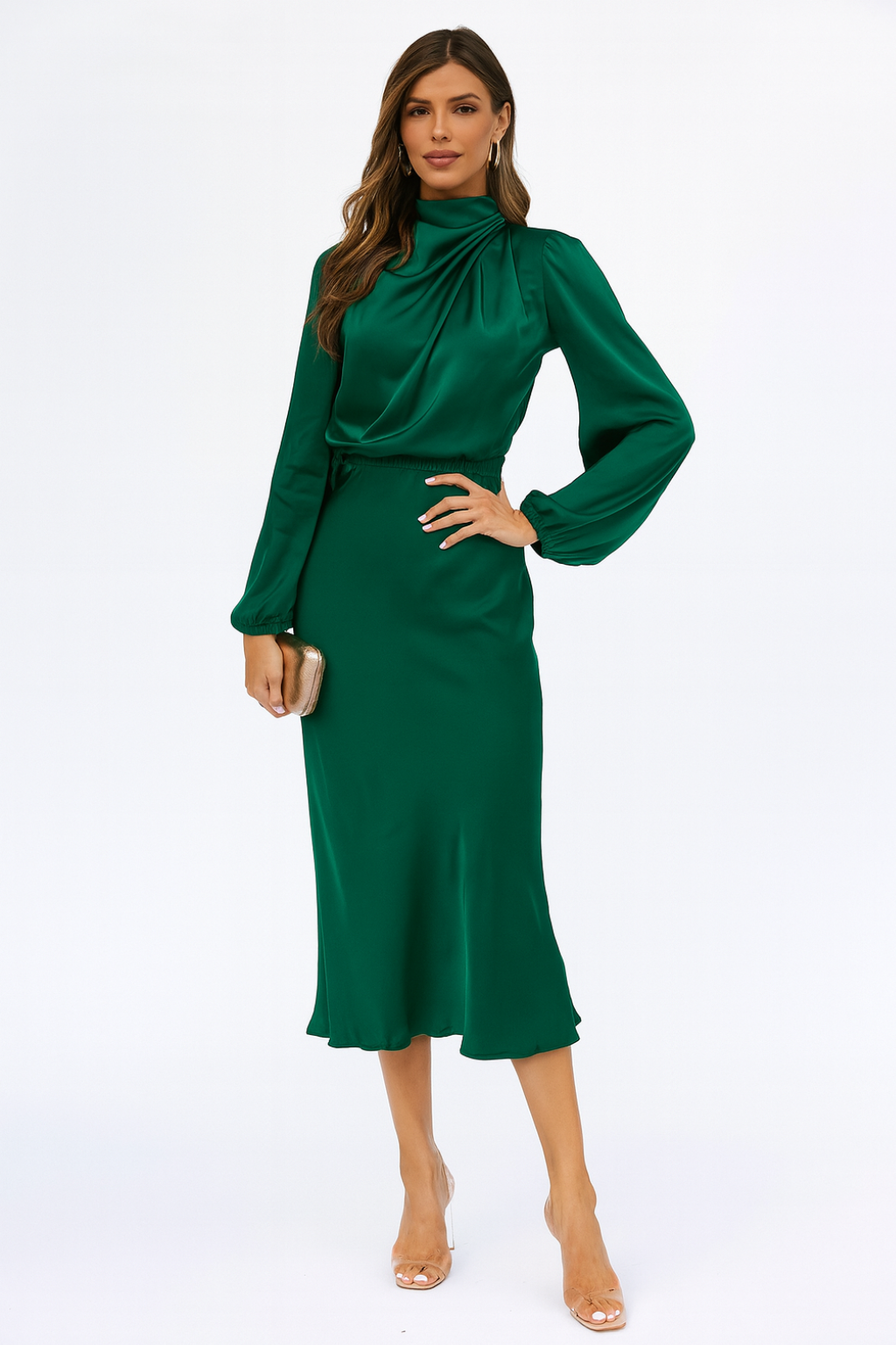 Satin Mock Neck Long Sleeve Midi Dress for Women
