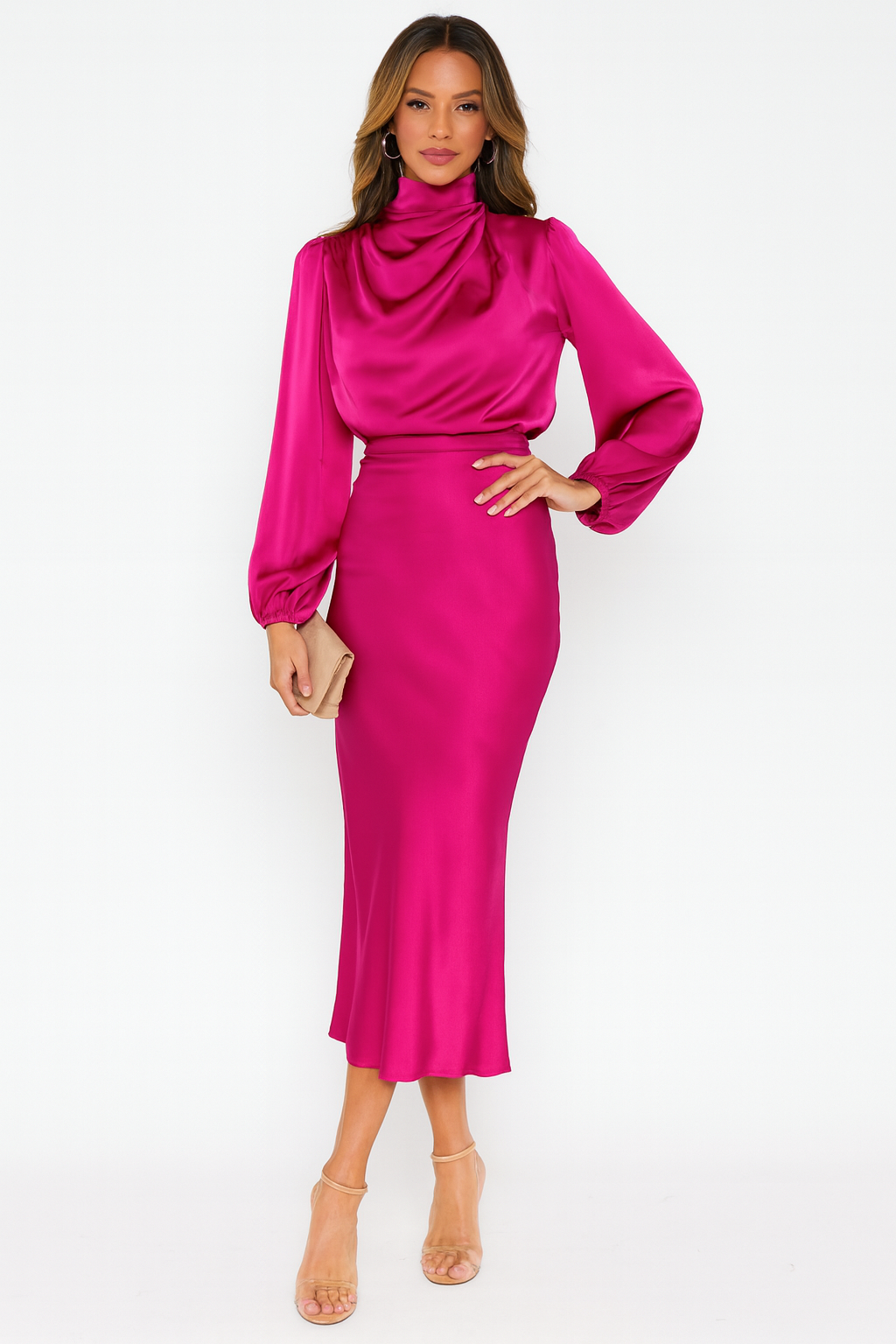 Satin Mock Neck Long Sleeve Midi Dress for Women