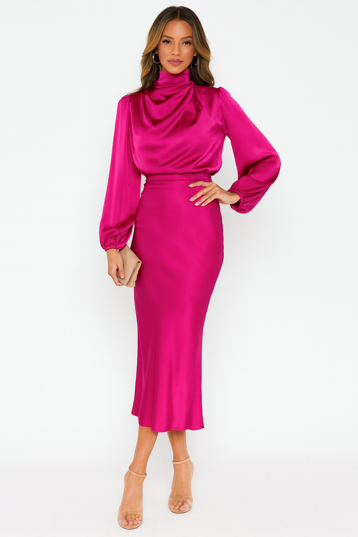 Satin Mock Neck Long Sleeve Midi Dress for Women