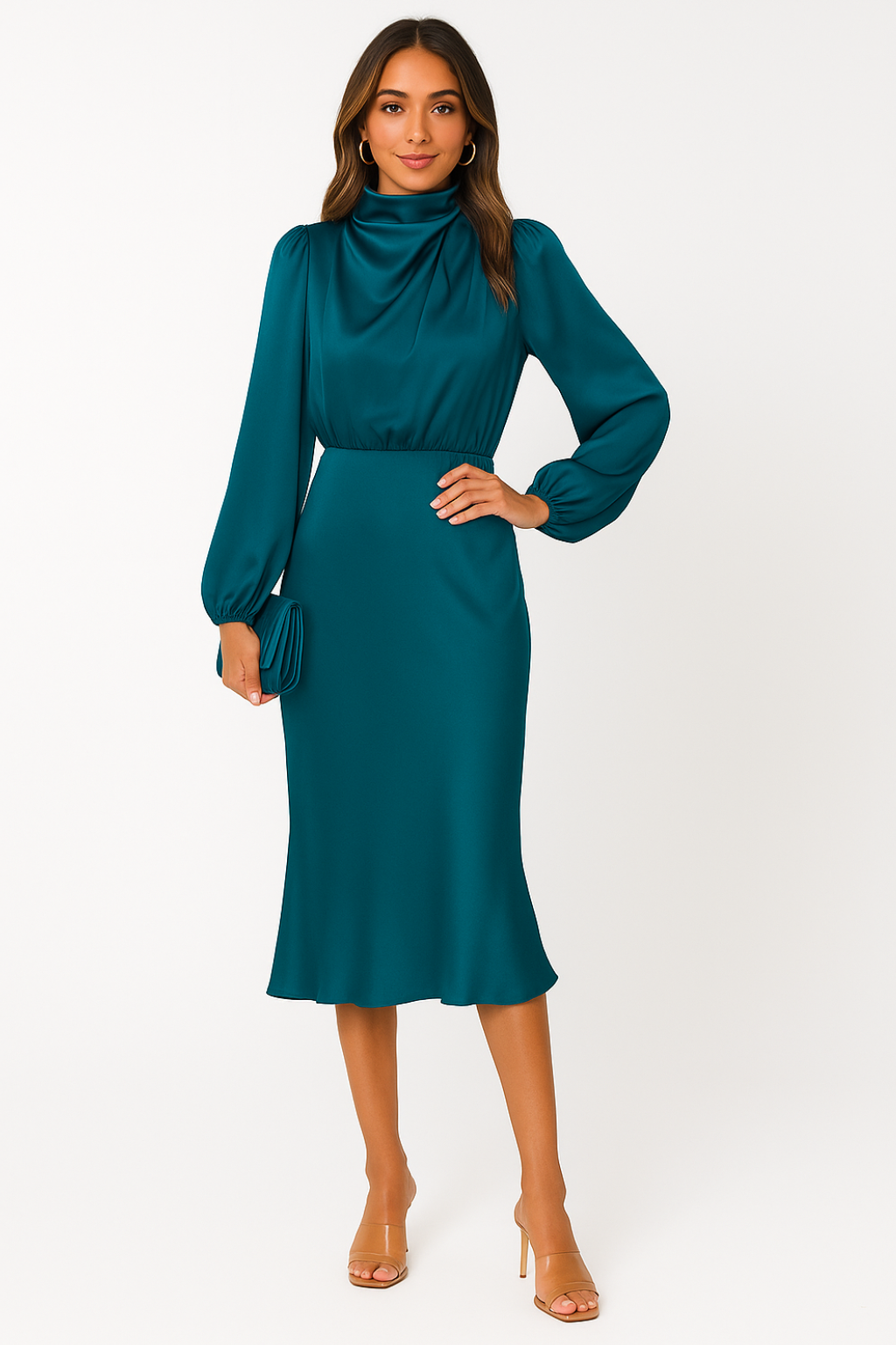 Satin Mock Neck Long Sleeve Midi Dress for Women