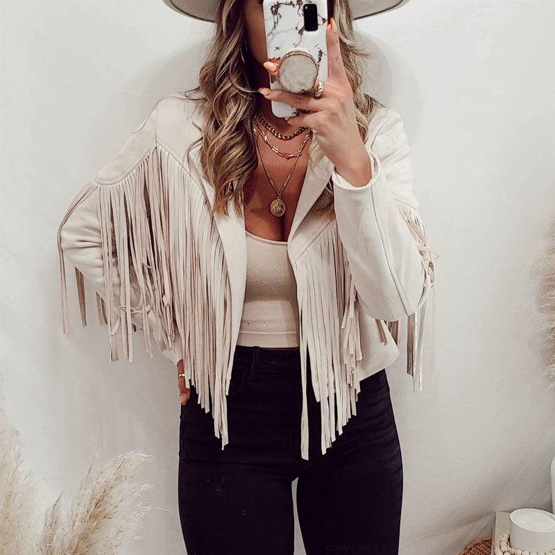 Women’s Faux Suede Western Fringe Jacket Modern Cut Top