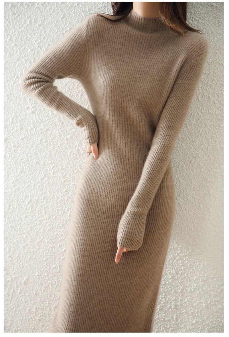 Women's Wool Knit Ribbed Long Sleeve Midi Dress 