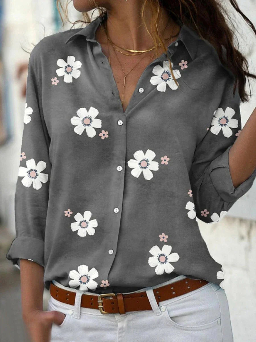 Linen Floral Print Women's Button Down Blouse