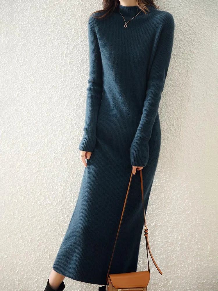 Women's Wool Knit Ribbed Long Sleeve Midi Dress 