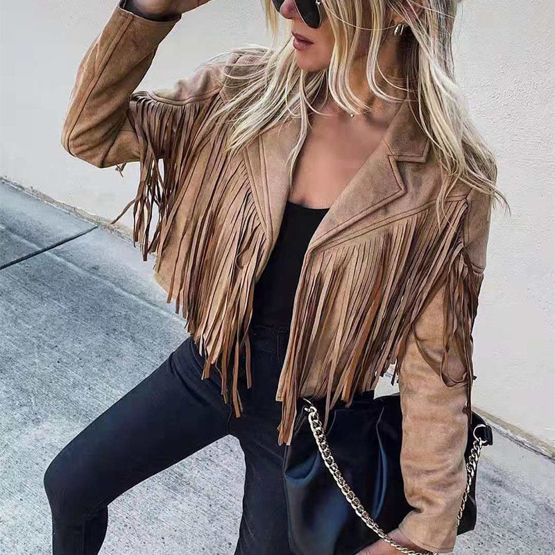 Women’s Faux Suede Western Fringe Jacket Modern Cut Top